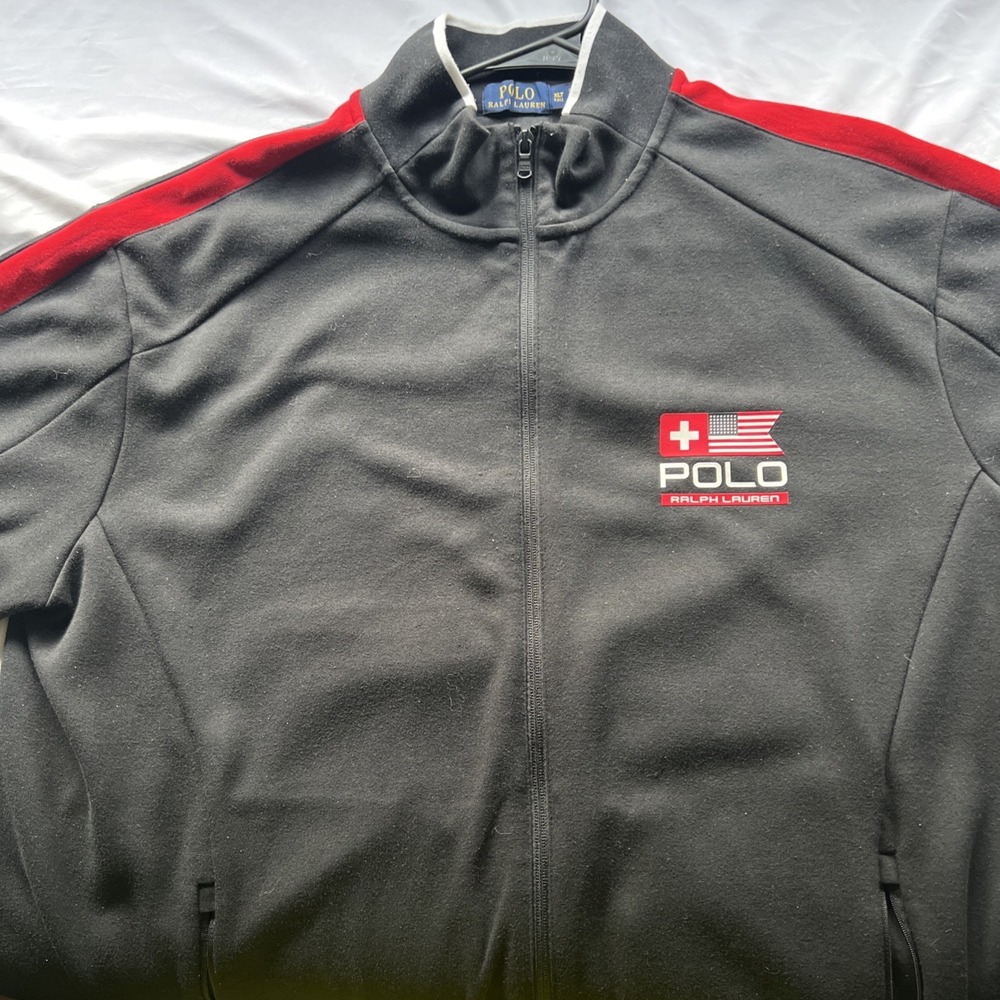 Polo Ralph Lauren Track Jacket Men's XLT Big Sport Black Full Zip USA/Swiss Flag